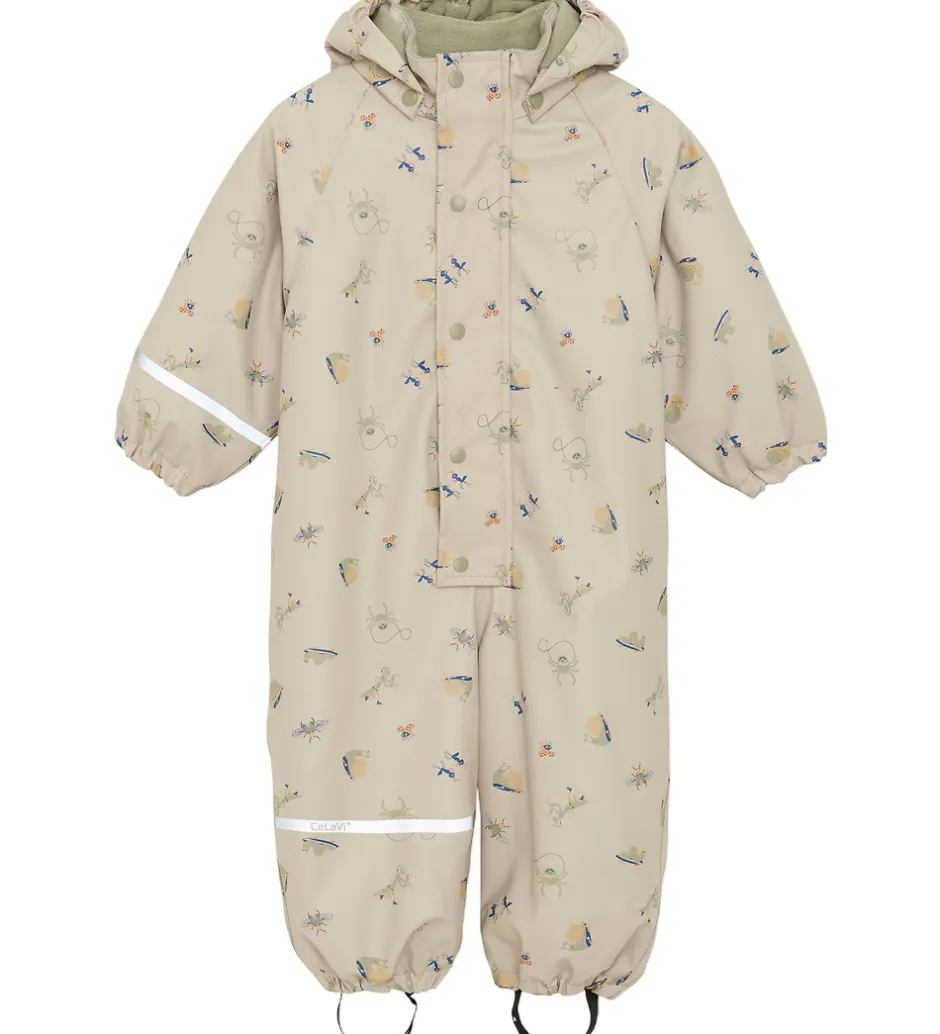 Regntøj*CeLaVi Regndragt m. Fleece - PU - White Pepper m. Print