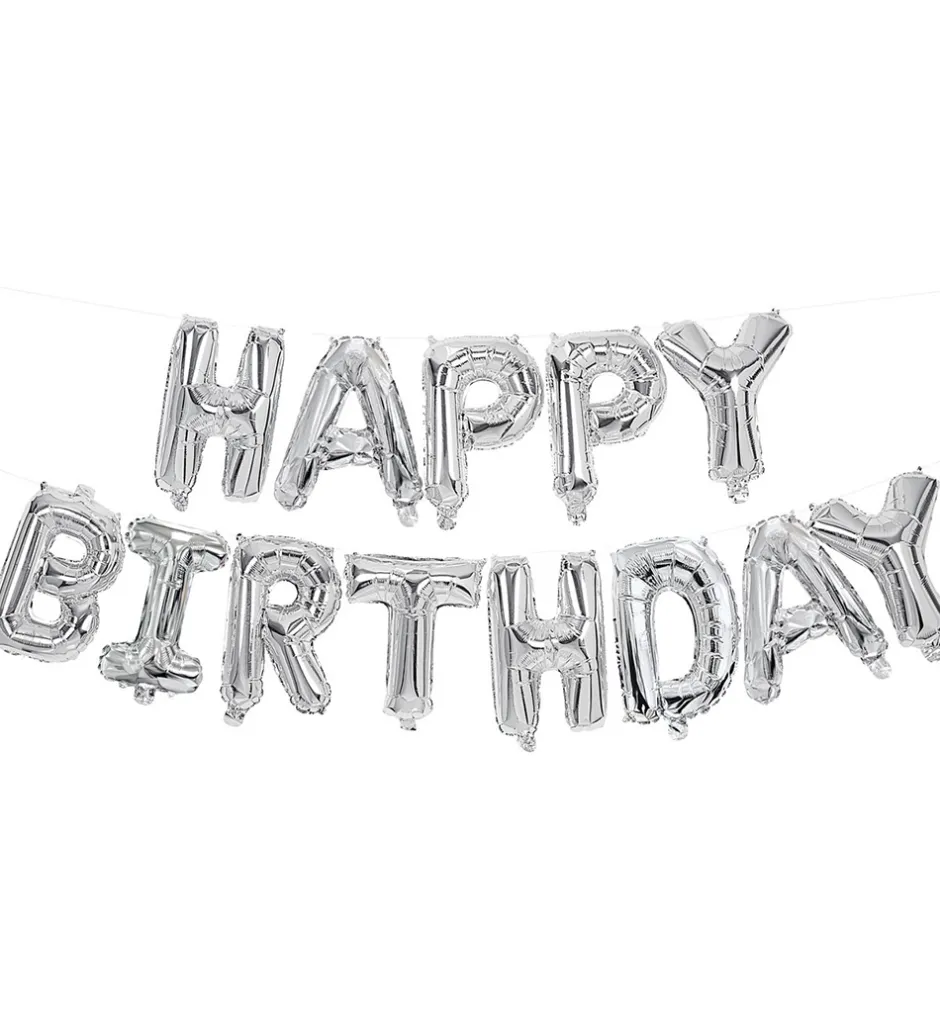 Festartikler*Decorata Party Foileballoner - 340 cm - Happy Birthday - Sølv