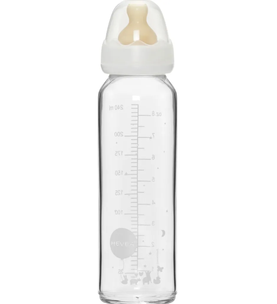 Hevea Sutteflaske - 240 ml - Glas/Naturgummi - Hvid