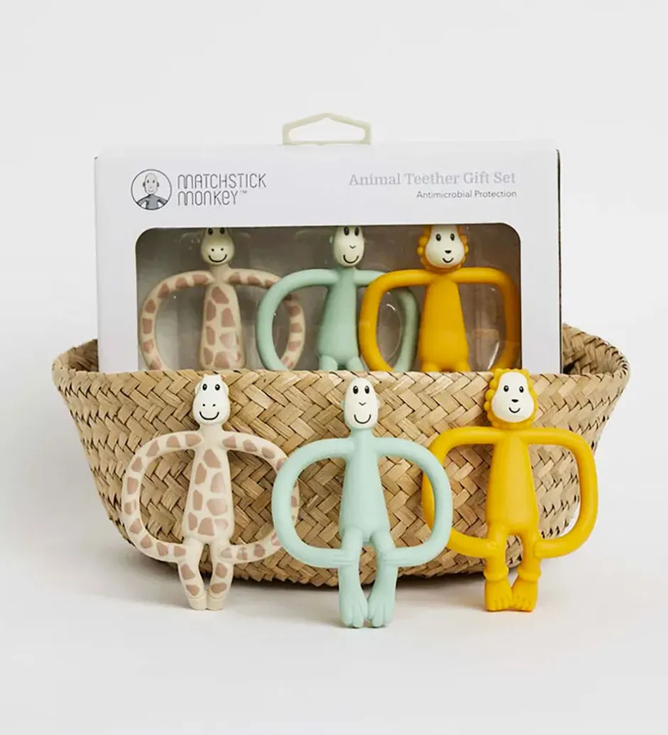 Bideringe|Babylegetøj*Matchstick Monkey Bideringe - 3-pak - Animal Teether Gift Set
