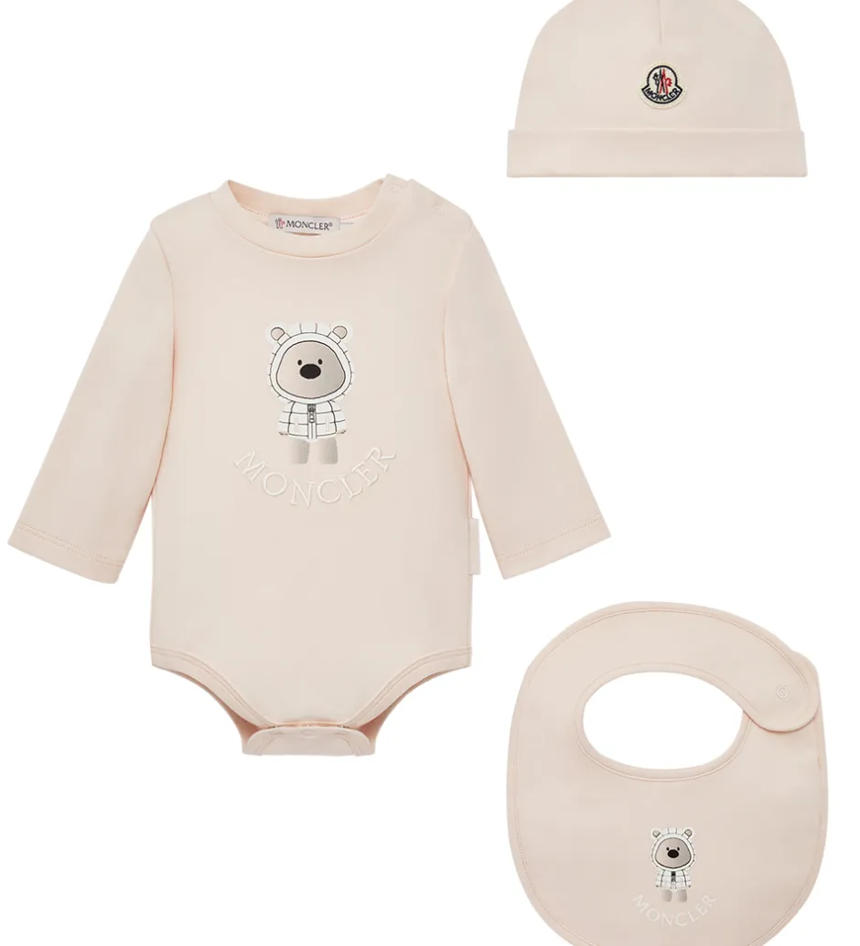 Savlesmække*Moncler Sæt - Hue/Savlesmæk/Body l/æ - Light Pink m. Bamse