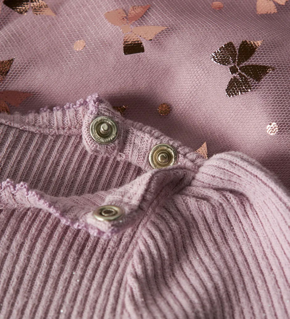 Kjoler|Juletøj*Name It Kjole - Rib/Tyl - NbfRosally - Keepsake Lilac m. Sløjfer