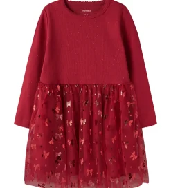 Børn Name It Kjole - Rib/Tyl - NmfRosally - Jester Red m. Print