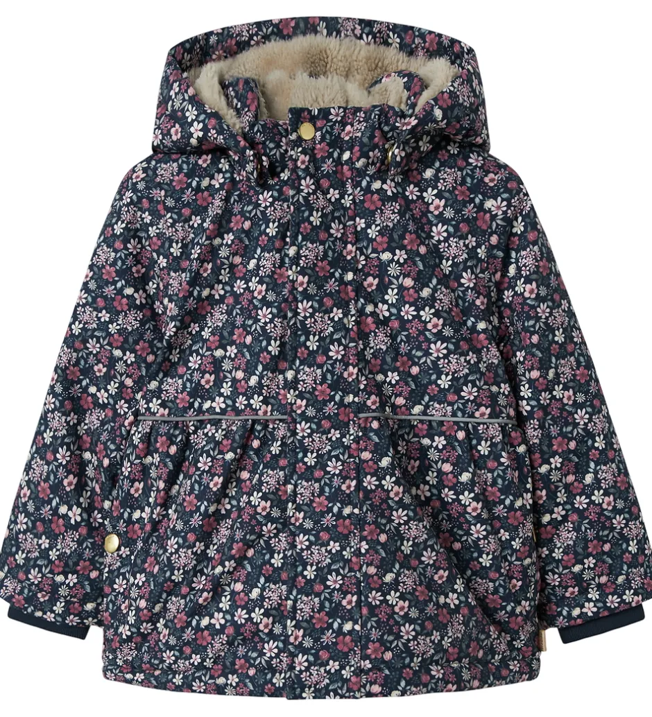 Børn Name It Vinterjakke - NmfSnow05 - Dark Sapphire m. Blomster