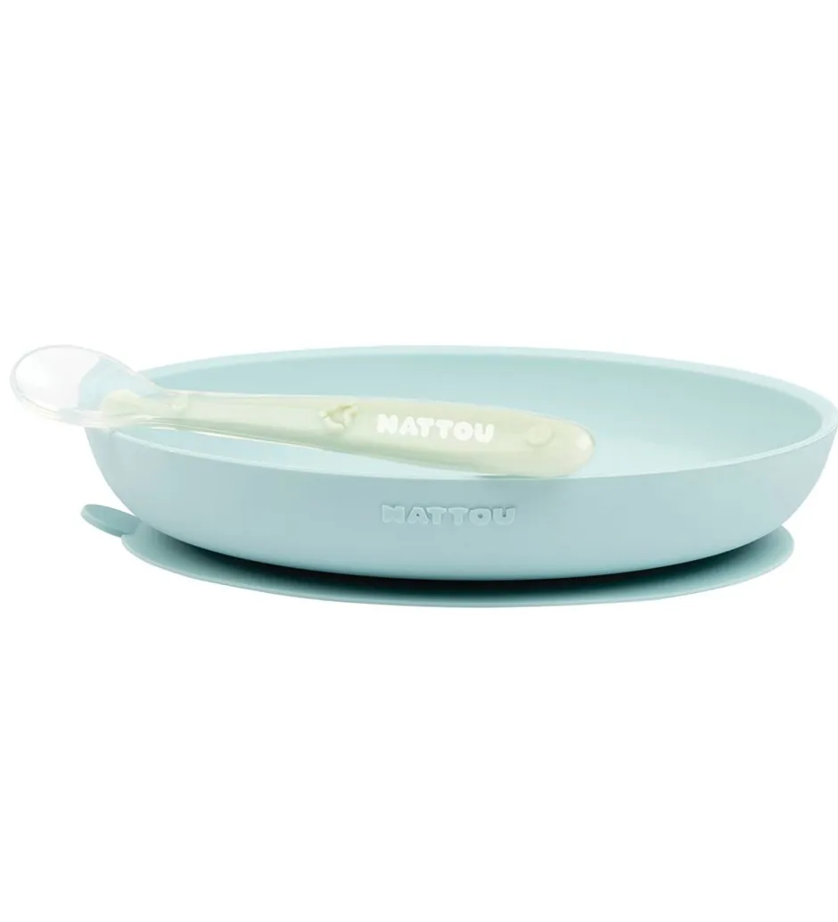 Nattou Spisesæt - Silikone - 2 dele - Light Blue