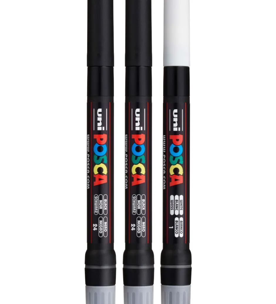 Tuscher Og Farver*Posca Tuscher m. Pensel-spids - PCF-350 - 3 stk. - Hvid/Sort