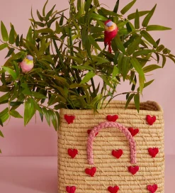 Kurve*Rice Opbevaringskurv - Raffia - 30x30x25 cm - Natur m. Hjerter