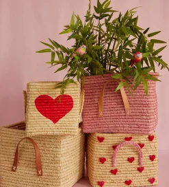Kurve*Rice Opbevaringskurv - Raffia - 30x30x25 cm - Natur m. Hjerter