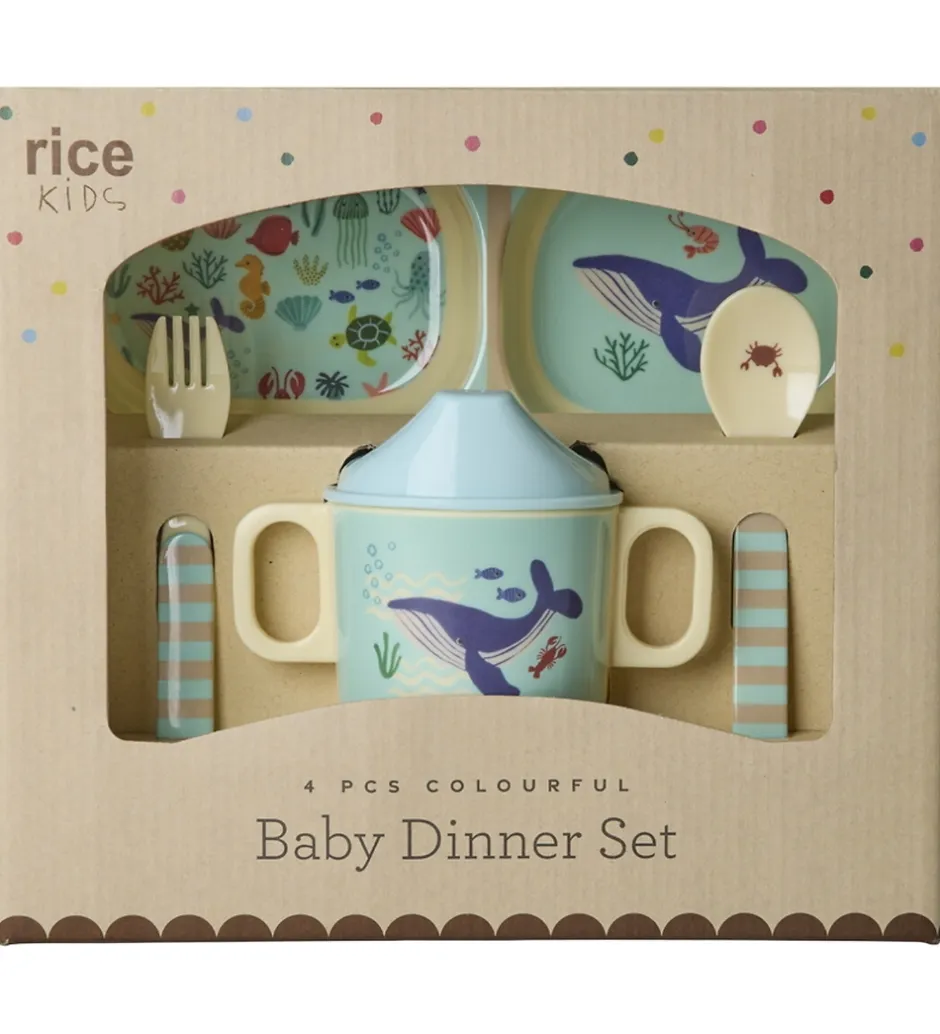 Rice Spisesæt - Melamin - 4 Dele - Blå Ocean Print