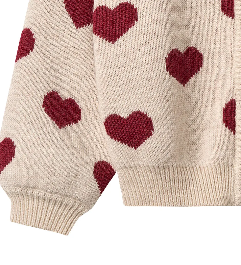 Børn Wheat Cardigan - Merinould - Offwhite Melange m. Hjerter